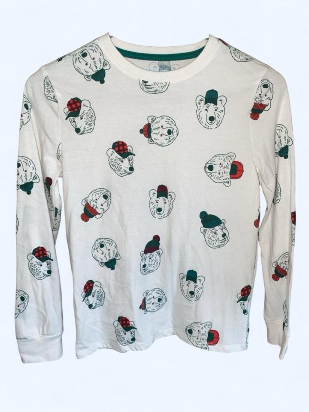 Cat & Jack White Long-Sleeve Bear Head Print Tee with Red & Green Accents